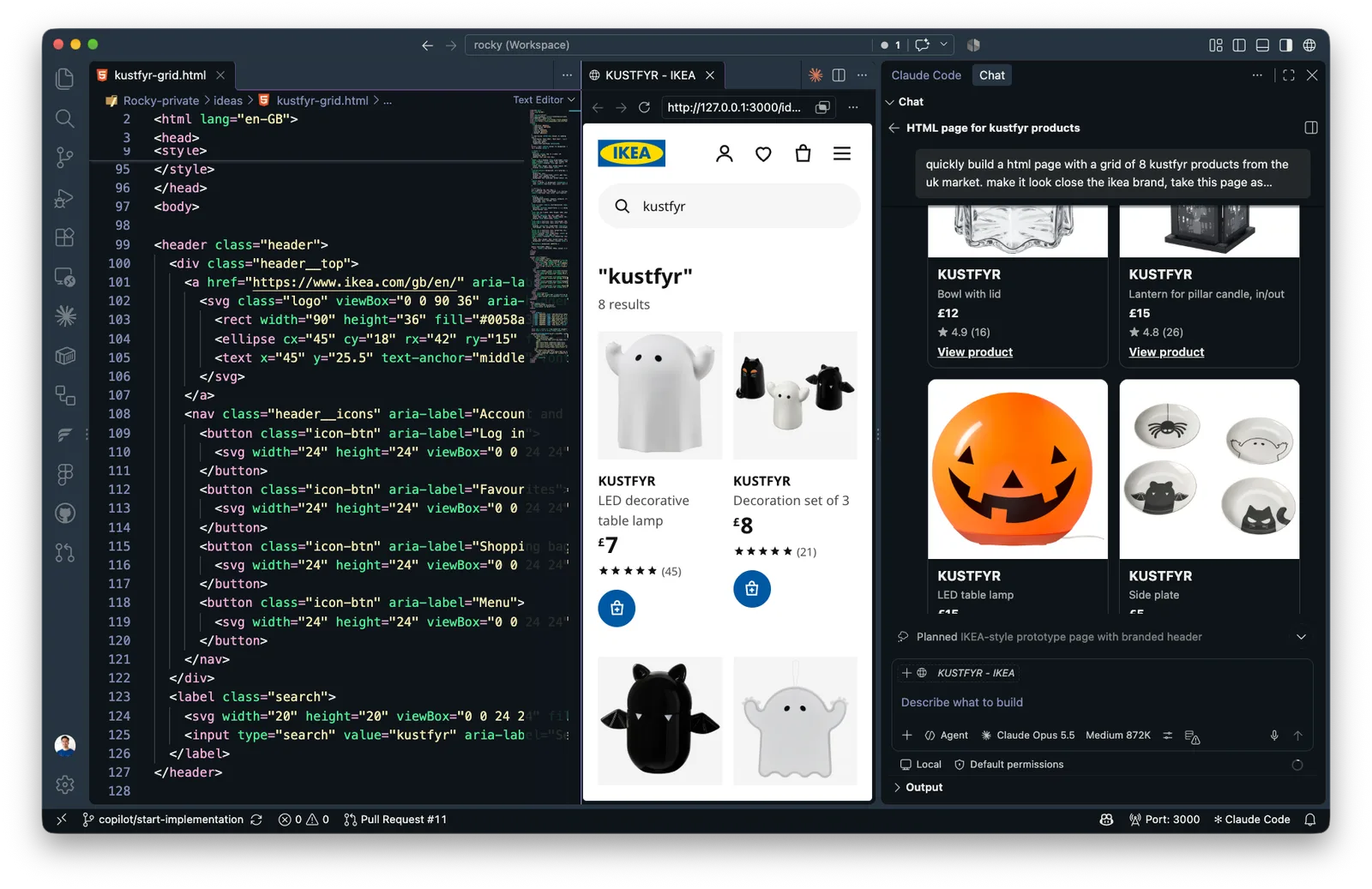 Claude Code next to a browser running an IKEA product search prototype